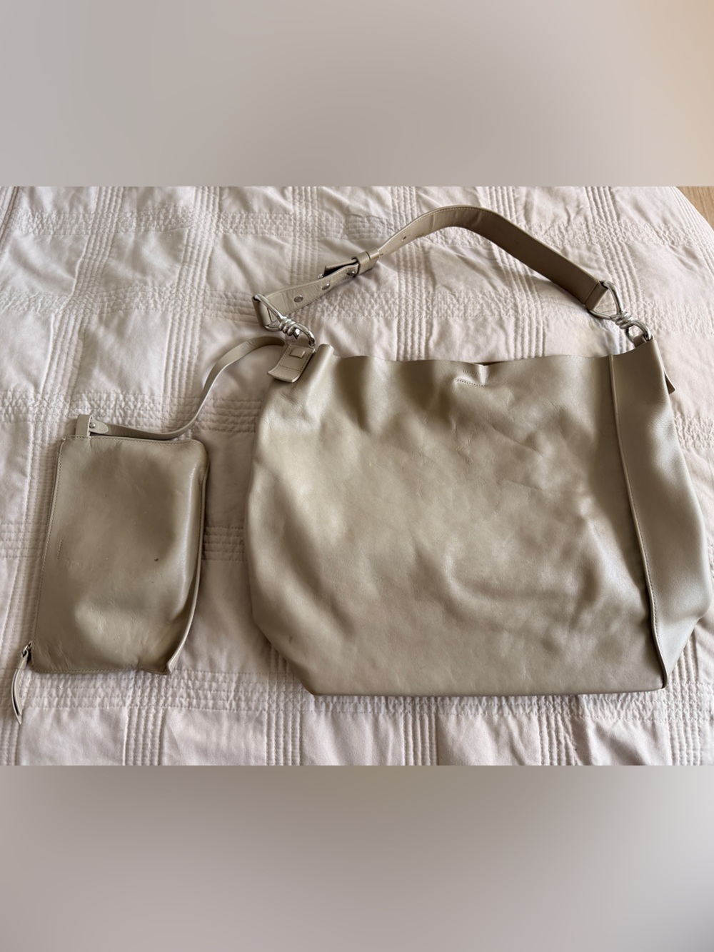 AllSaints Large Leather Hobo Shoulder Bag Taupe Beige + Pouch
